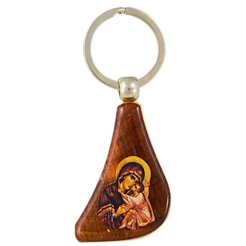 Drveni privezak za ključeve - Bogorodica i Sveti Nikola (8x4,5) cm