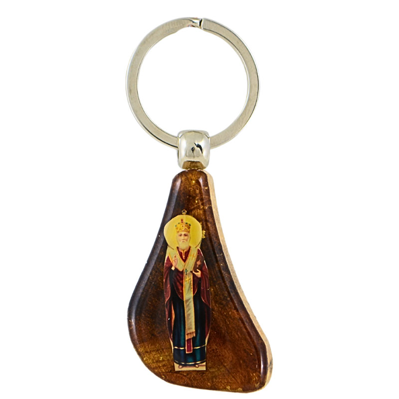 Drveni privezak za ključeve - Bogorodica i Sveti Nikola (8x4,5) cm