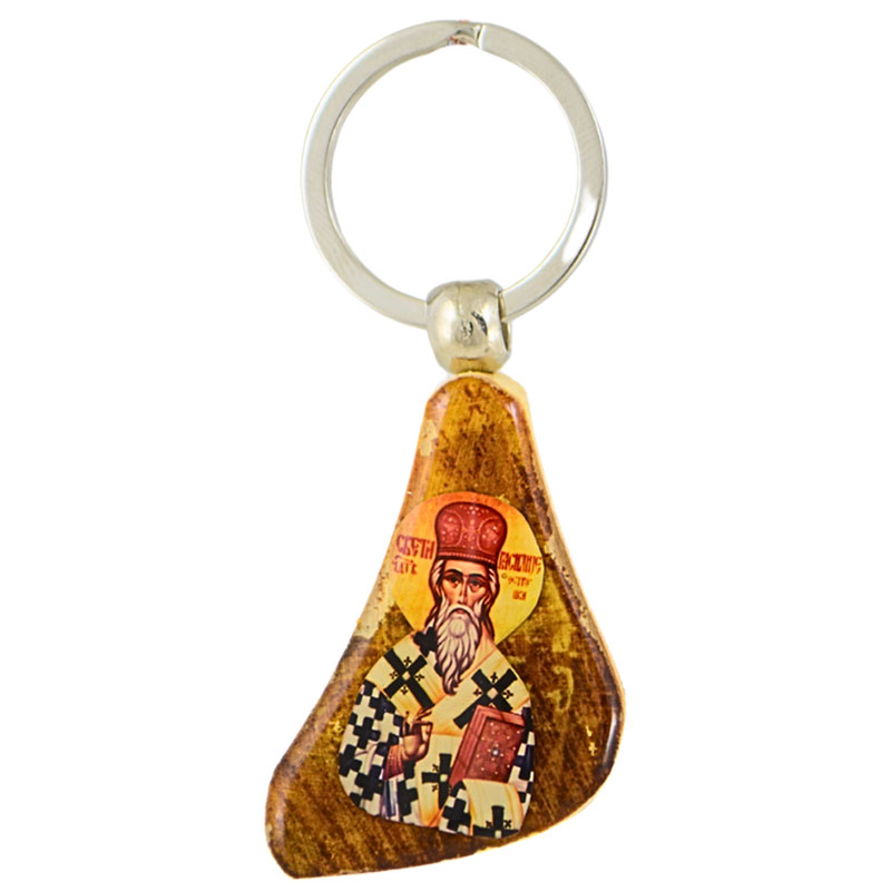 Drveni privezak za ključeve - Bogorodica i Sveti Vasilije Ostroški (8x4,5) cm