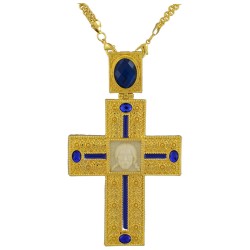 Pozlaćeni naprsni krst sa kristalizovanim plavim cirkonima i ogrlicom od 60 cm sa likom Isusa Hrista u poklon kutiji
