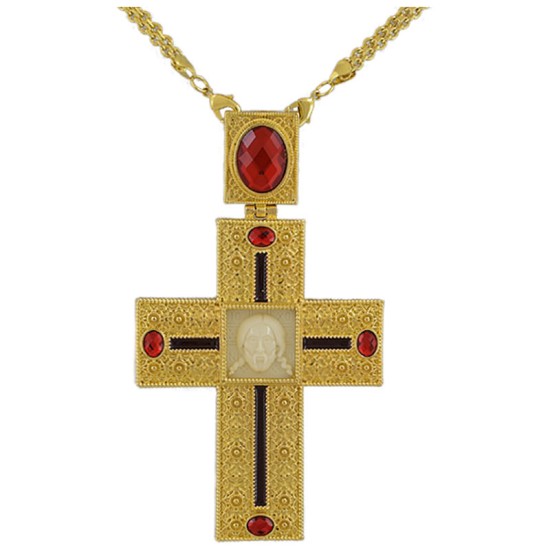 Pozlaćeni naprsni krst sa kristalizovanim crvenim cirkonima i ogrlicom od 60 cm sa likom Isusa Hrista u poklon kutiji
