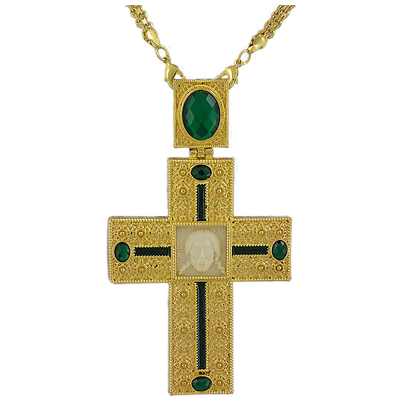 Pozlaćeni naprsni krst sa kristalizovanim zelenim cirkonima i ogrlicom od 60 cm sa likom Isusa Hrista u poklon kutiji