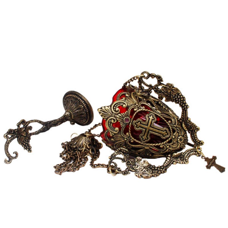 Kandilo metalno sa likom Bogorodice i krstom (mesing-patina)