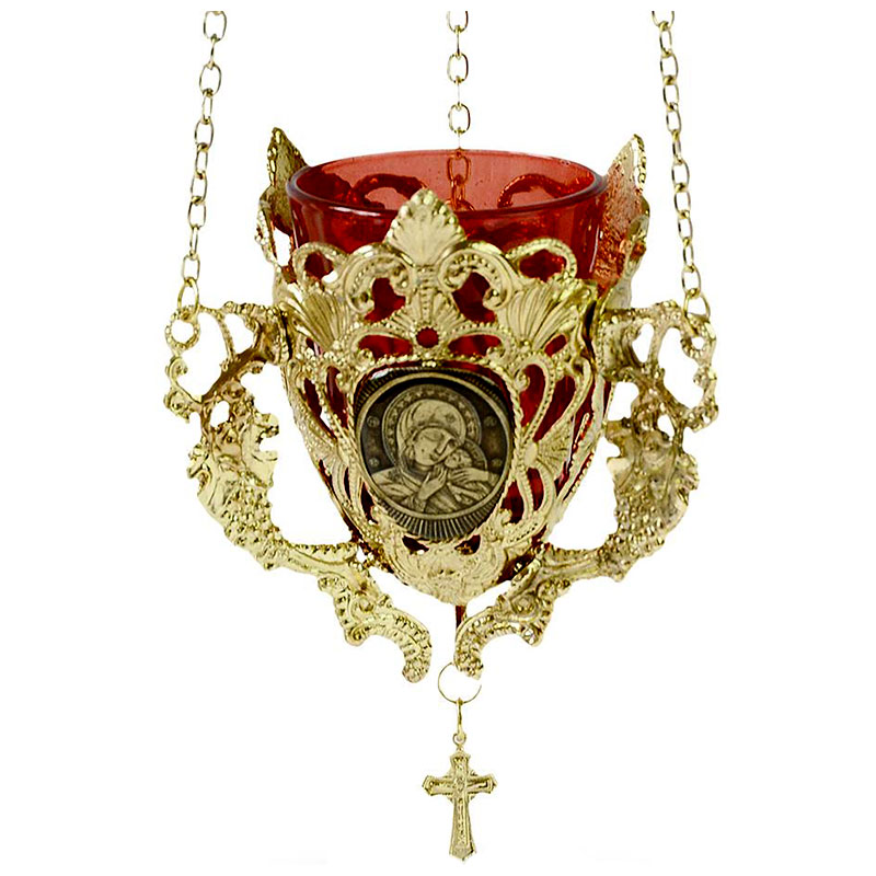 Kandilo metalno sa likom Bogorodice i krstom (žuto)