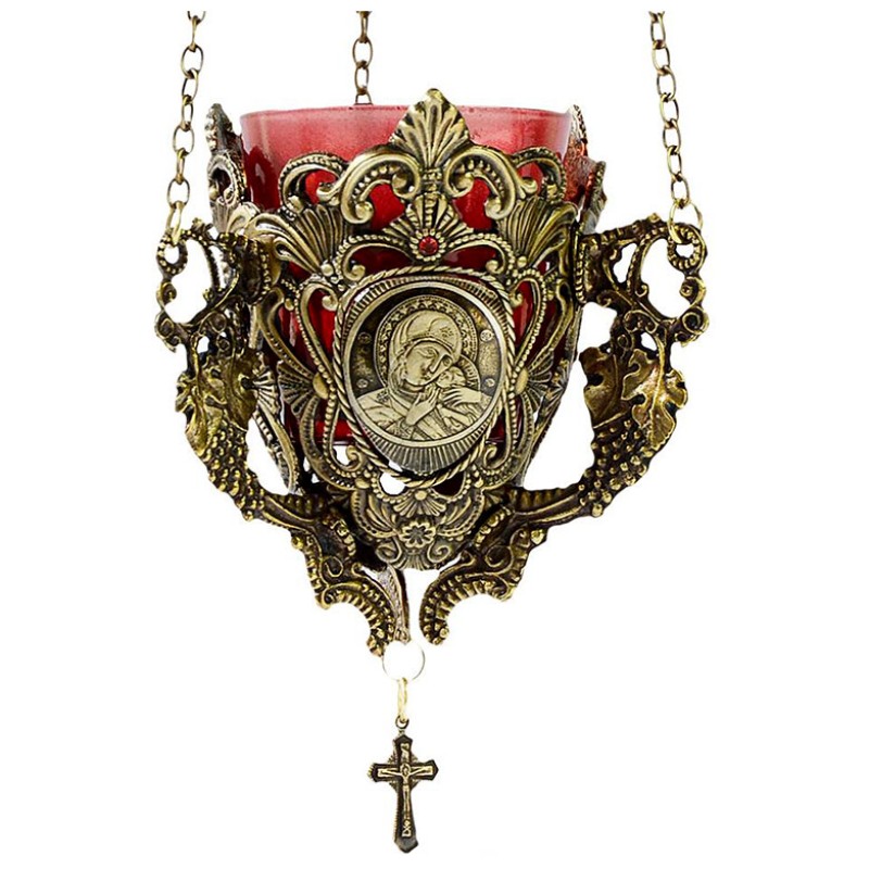 Kandilo metalno sa likom Bogorodice i krstom