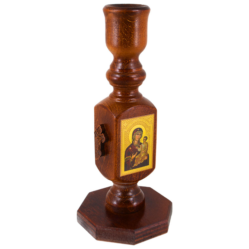 Drveni svećnak sa ikonom Svetog Dimitrija  i Presvete Bogorodice (23x10) cm